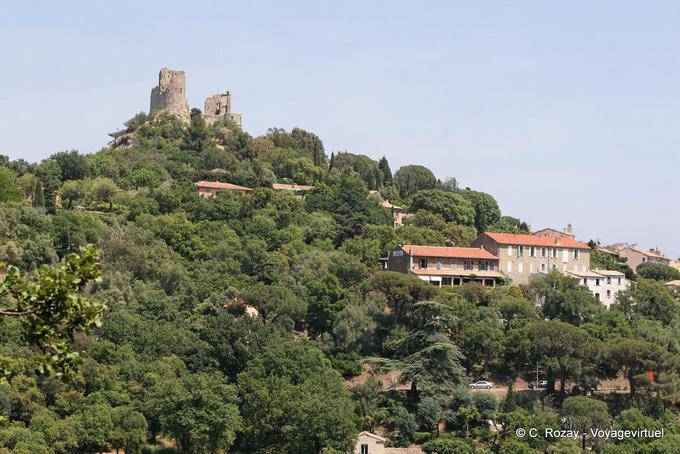 Grimaud, castle view from the bottom of the village, Provence, France