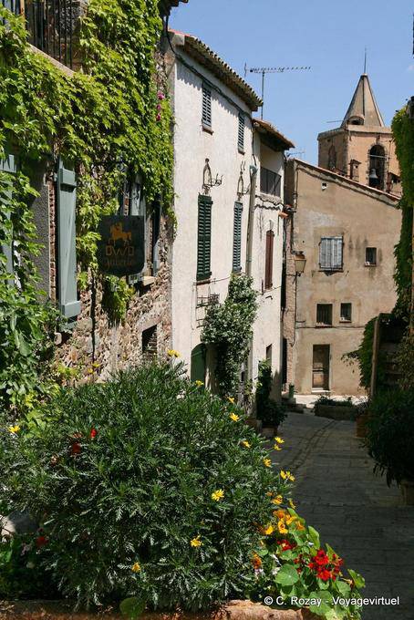 Grimaud, typical flower street, Provence, France
