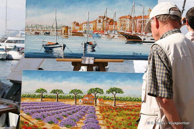 Saint-Tropez, exhibition of paintings on the port, Provence, France