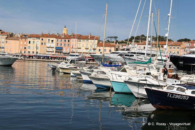 Saint-Tropez, overlooking the harbor and moored boats, Provence, France