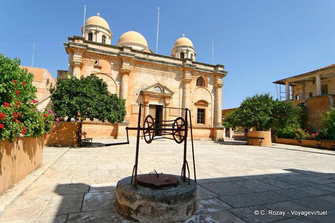 Jagarolon of Agia Triada, central courtyard with well outside the cathedral - Crete, Greece