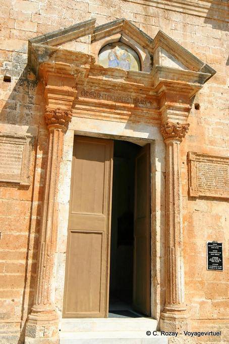 Main entrance of the Cathedral inside the monastery, Agia Triada, Akrotiri - Crete, Greece