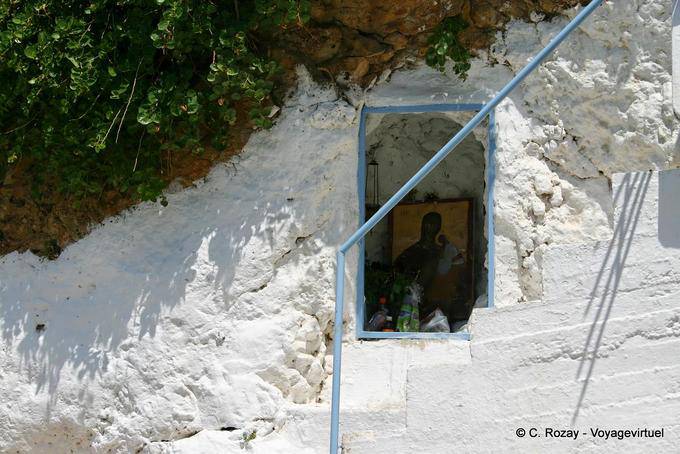 Icon in the wall of monatère dedicated to the death of the Virgin Mary (Kimisis of Theotockos) Panagia Chryssoskalitissa - Crete, Greece