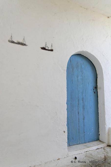 Boat drawings on the wall of the monastery Chryssoskalitissa - Crete, Greece