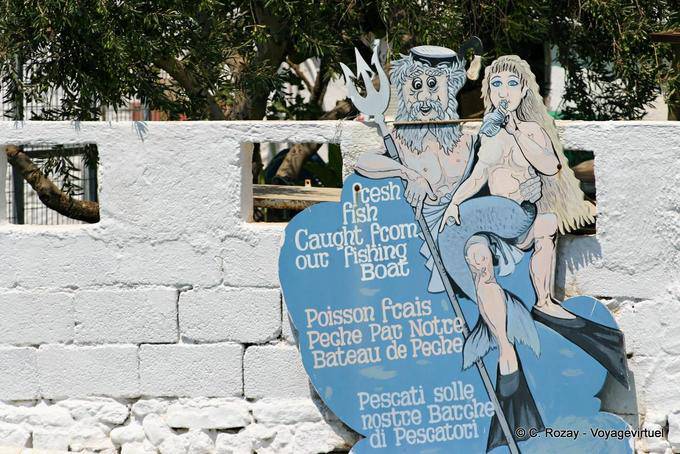 Humorous restaurant panel, Elounda - Crete, Greece