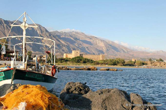 Fragokastello view from the harbor on the St Nikitas fortress and mountains - Crete, Greece