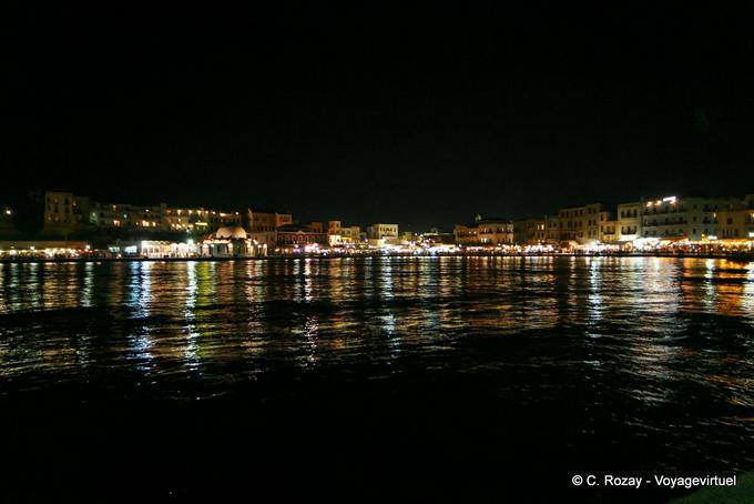 Chania, the Venetian harbor panorama night - Crete, Greece