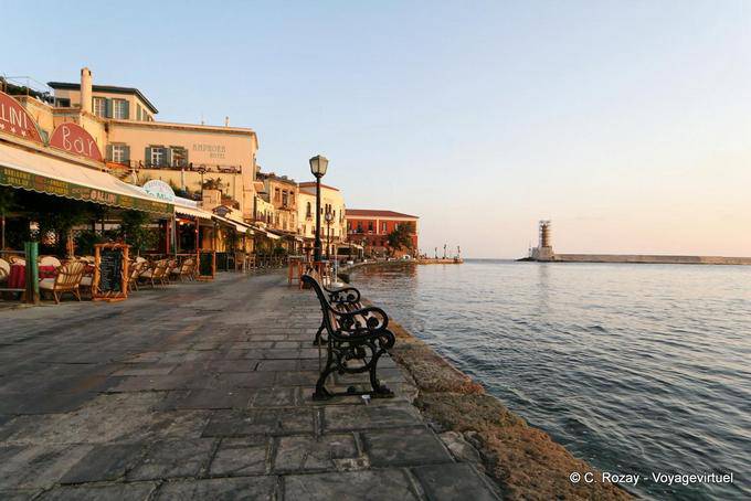 Calm of the morning with no one on the port of Chania - Crete, Greece