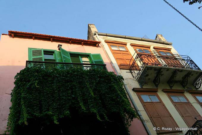 Balcony with drooping ferns Chania - Crete, Greece