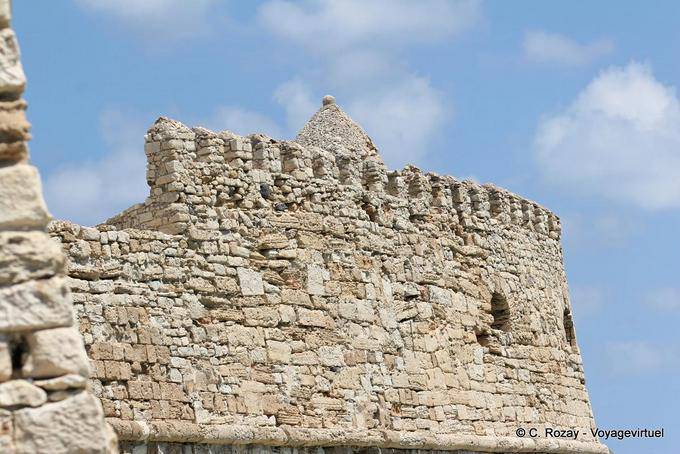 Walls and battlements rounded sandstone of the Venetian military architecture, Fort Koules, Heraklion - Crete, Greece