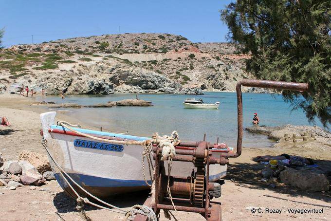 Itanos, winch and boat on the beach - Crete, Greece