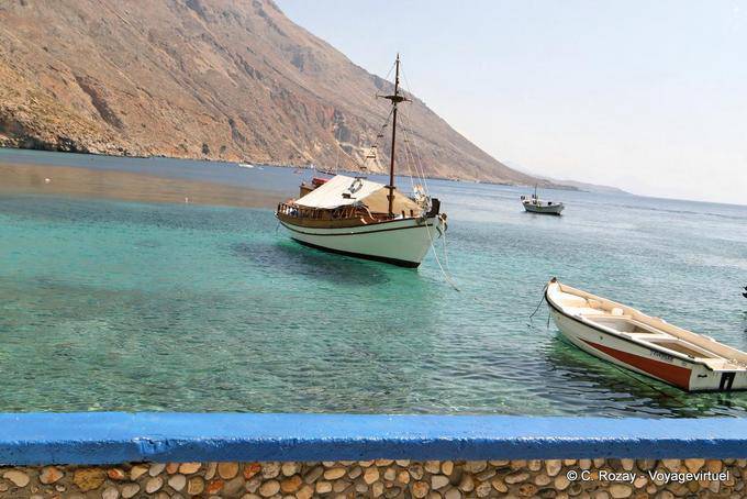 Tourist schooner moored in Loutro - Crete, Greece