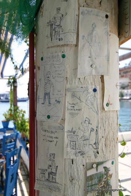 Cartoons on the tree trunk, Loutro - Crete, Greece