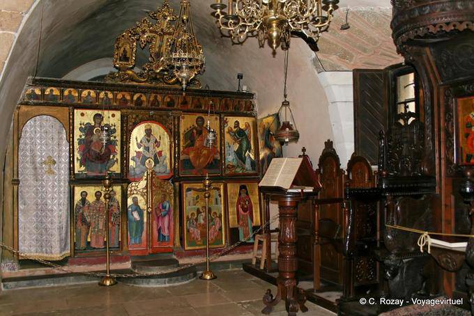 Small nave of the church wall with Byzantine icons, Moni Toplou - Crete, Greece