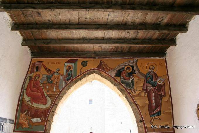 Décor and wooden ceiling, Toplou Monastery - Crete, Greece