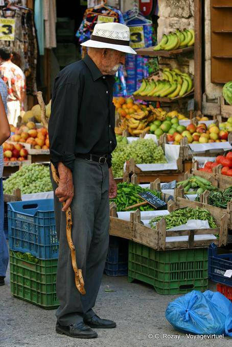 Cretan cane in front of a fruit and vegetable stall, Rethymnon - Crete, Greece