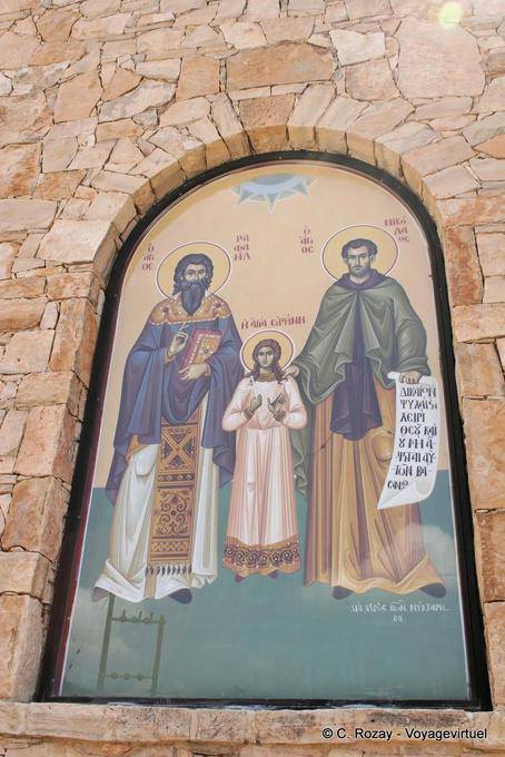 Spili holy picture on a wall of the seat of the bishopric of Lambis, and Sivritou Sfakion - Crete, Greece