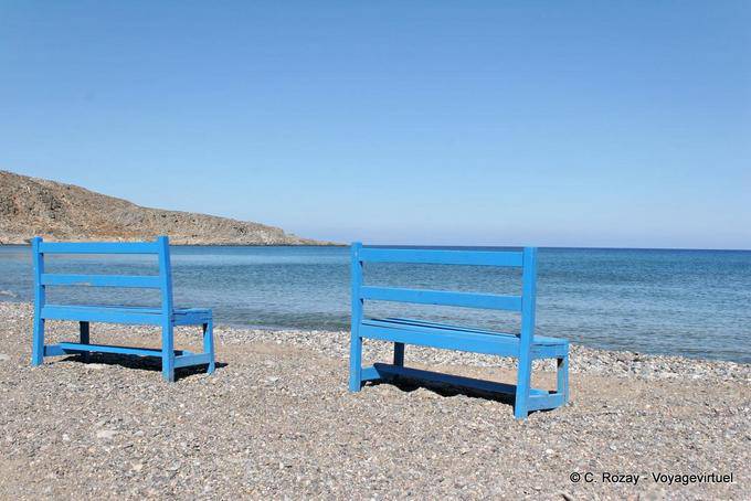 Kato Zakros, wooden benches installed there to admire the infinite sea - Crete, Greece
