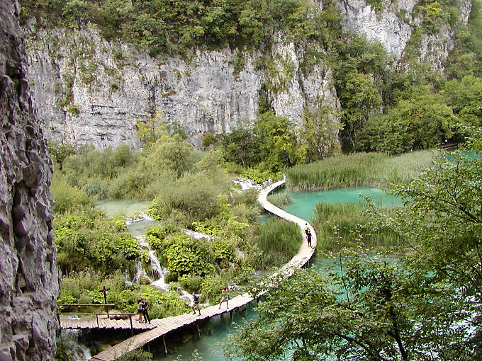 Overlooking the lakes and hiking trail along the canyon of the lower lakes, Plitvice, Croatia