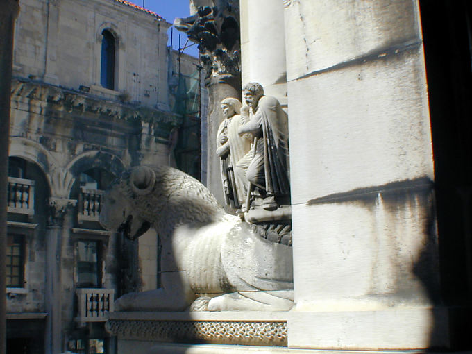 Sculptures at the entrance of the cathedral, architecture, Split, Croatia
