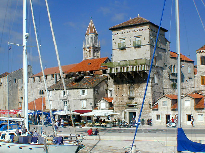 Trogir, port, ramparts and bell tower of the Cathedral of St. Lawrence, Croatia
