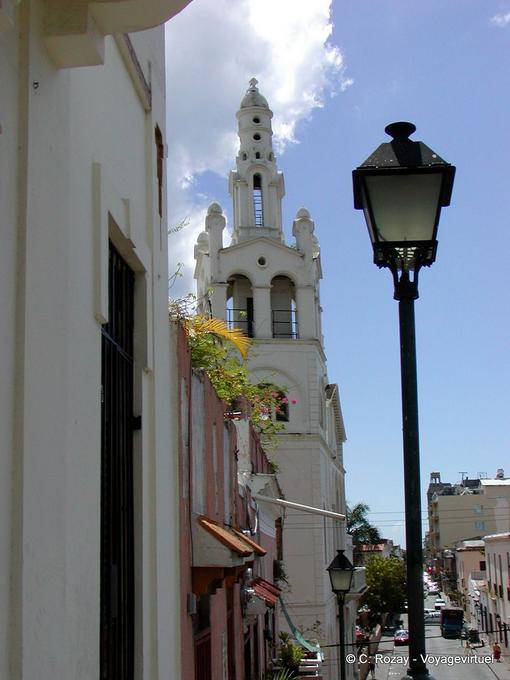 Street colonial steeple Santo Domingo, Dominican Rep.