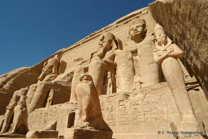 Hawks carved up colossal statues of Ramses II, Abu Simbel - Egypt