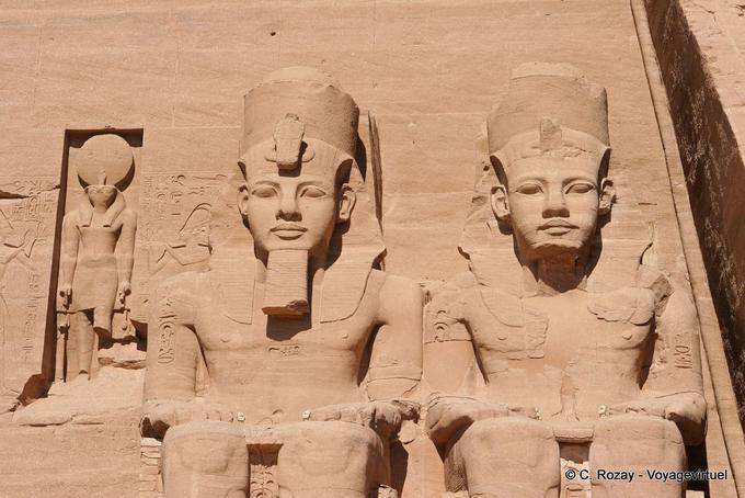The two colossi of Ramses right sun, Re (Ra), the Great Temple, Abu Simbel - Egypt