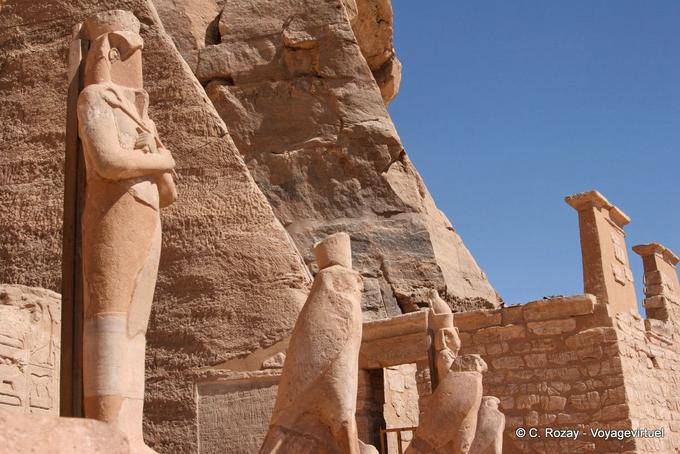 Sculptures of hawks and pharaohs, the monument, Abu Simbel - Egypt
