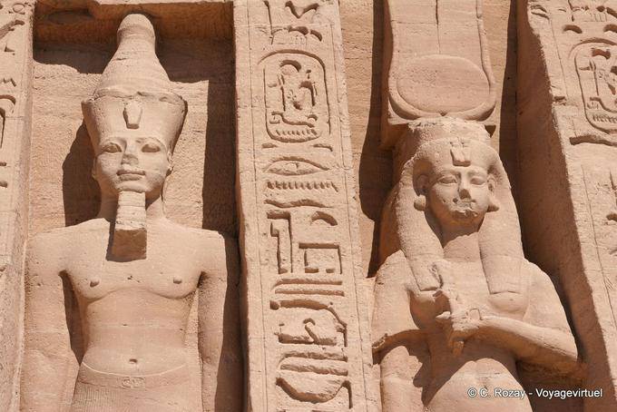 Nefertari holding against his chest Hathor sistrum speos Queen, Abu Simbel - Egypt