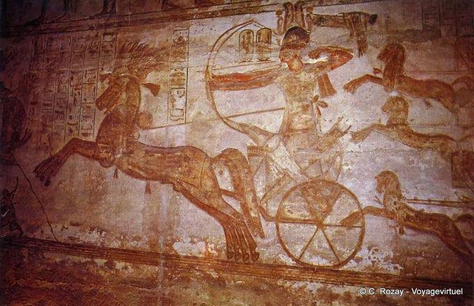 Ramses II on his chariot shooting arrows, bas-relief, battle Kadesh, Abu Simbel - Egypt