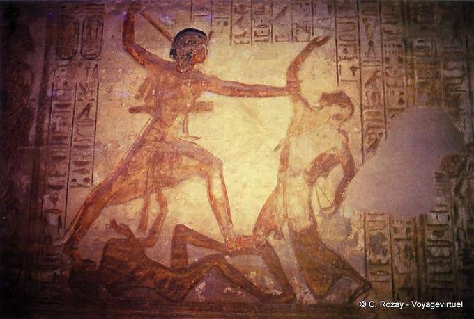 Against the Hittites, Ramses trampling and killing enemies, Abu Simbel - Egypt