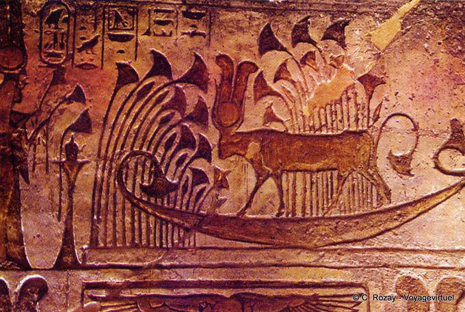 Ibshek, hall of the temple, the Hathor cow on a boat, Abu Simbel - Egypt