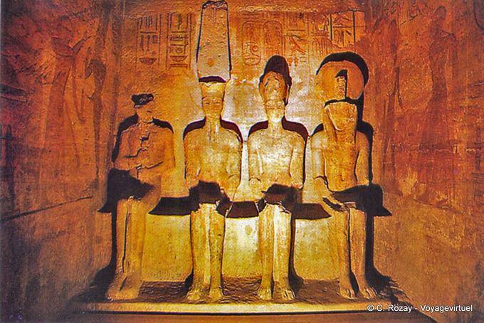 Statues of the sanctuary, from left to right Ptah (Memphis), Amun-Ra (Thebes), Ramses II and Ra-Horakhty (Heliopolis), Great Temple, Abu Simbel - Egypt