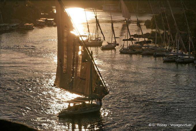 Feluccas at sunset from the terrace of the Old Cataract Hotel, Aswan - Egypt