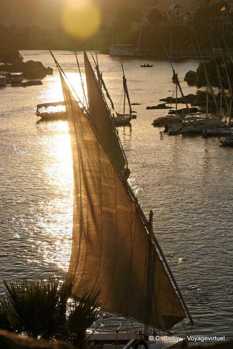 Sun in the sail of the felucca, Nile south of the Old Cataract Aswan - Egypt