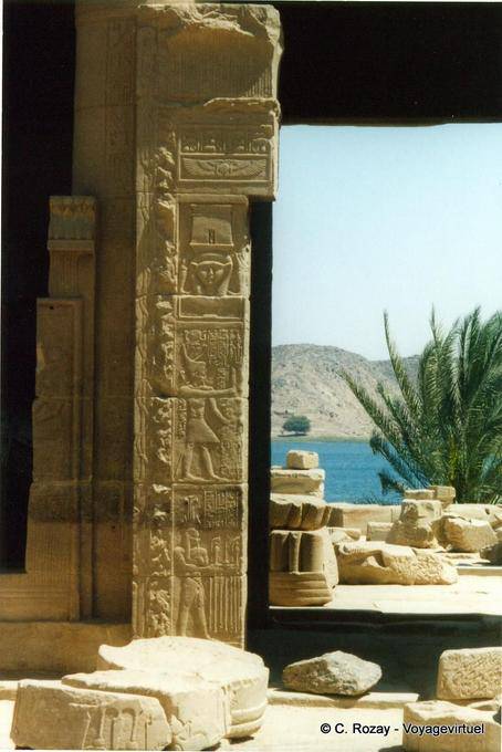 Philae, pillar of the Temple of Hathor and views of the Nile - Egypt