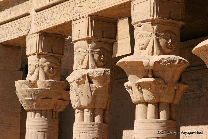 Representations of Hathor on the pillars of Mammisi, Philae Temple - Egypt
