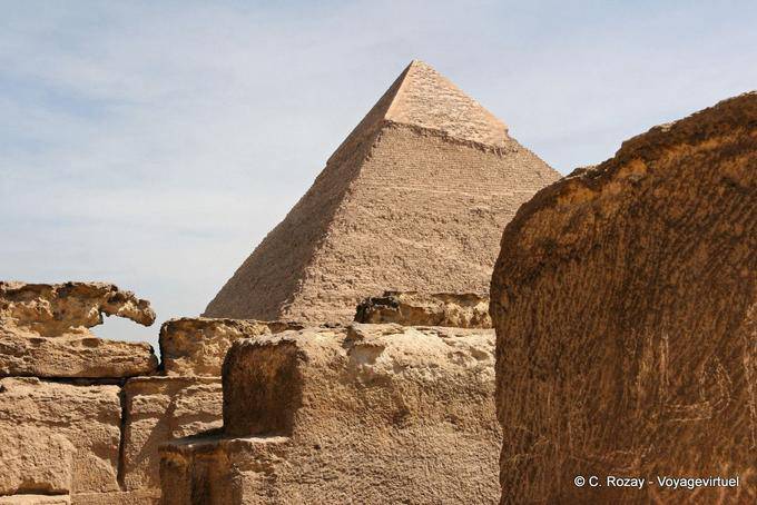 View of the Pyramid of Chephren and limestone facing end of Tura - Egypt