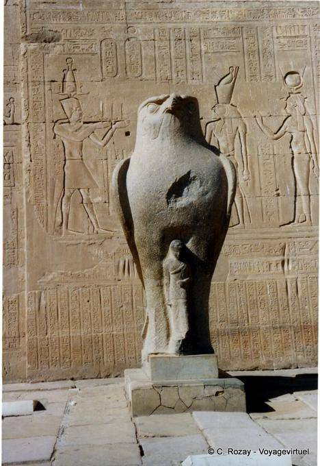 Statue of Horus the falcon-god in front of a pylon, Edfu temple - Egypt