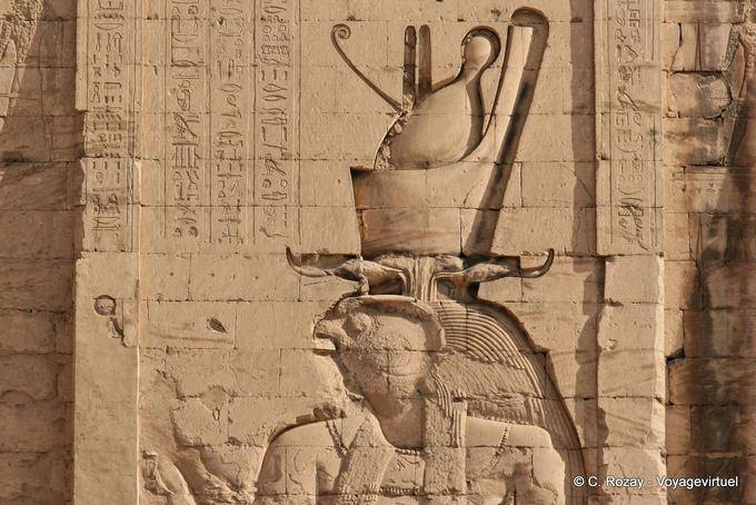 Horus head carved on the monumental tower, temple of Edfu - Egypt