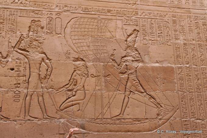 Battle of Horus against Seth, fresco hammered by Coptic, Ambulatory Edfu Temple - Egypt