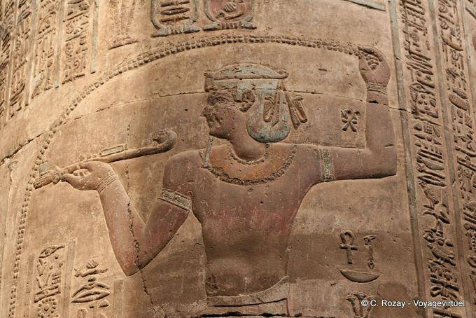 Temple of Khnum, bas-relief column, original colors preserved, Esna - Egypt