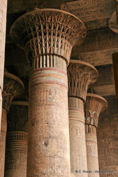 Set of floral columns like stone papyrus columns Hall, Temple of Khnum, Esna - Egypt