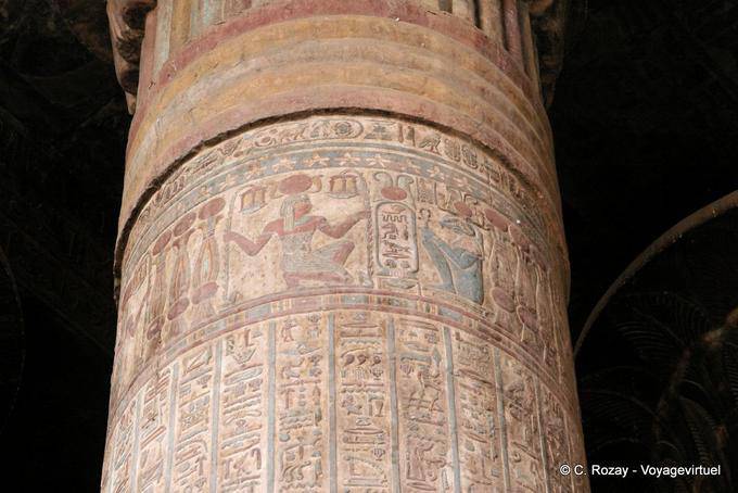 Colored hieroglyphs on a polychrome column of Khnum temple, Esna - Egypt