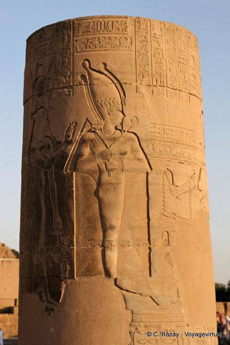 Temple of Kom Ombo, pharaoh on a truncated column of Roman portico - Egypt