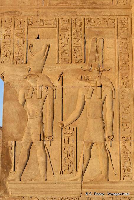 Temple of Kom Ombo, Horus, the falcon god, and Sobek, the crocodile god scepter ouas - Egypt