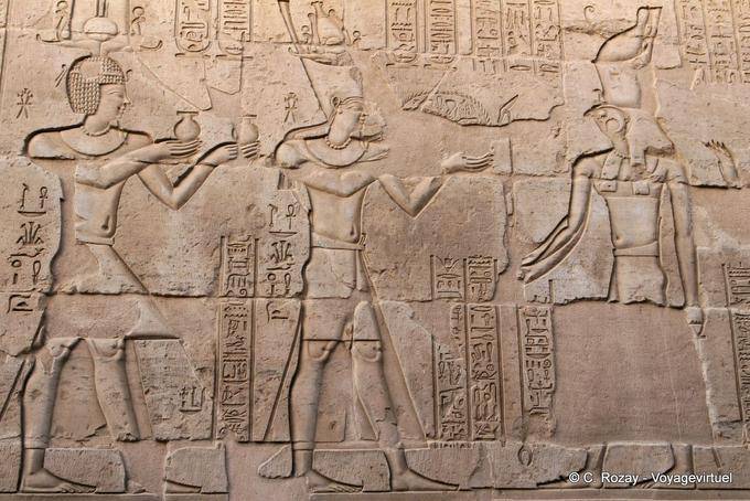Offering of the king to the falcon god Haroeris wearing the double crown Pschent Temple of Kom Ombo - Egypt