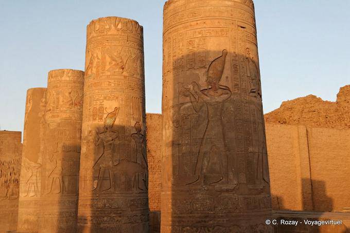 Polychrome columns of the entrance pylon, sunset light, temple of Kom Ombo - Egypt