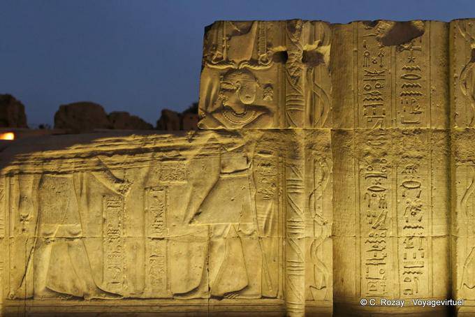 Detail of bas-relief, night lighting, temple of Kom Ombo - Egypt